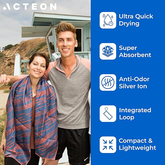 Acteon Large Microfiber Beach Towel, 64" x 30" Quick Dry Odor-Free Technology, Men & Women Fast Drying Absorbent Swim Towels for Swimmers, Sand, Pool, Travel, Hiking, Gym, Camping, Bath