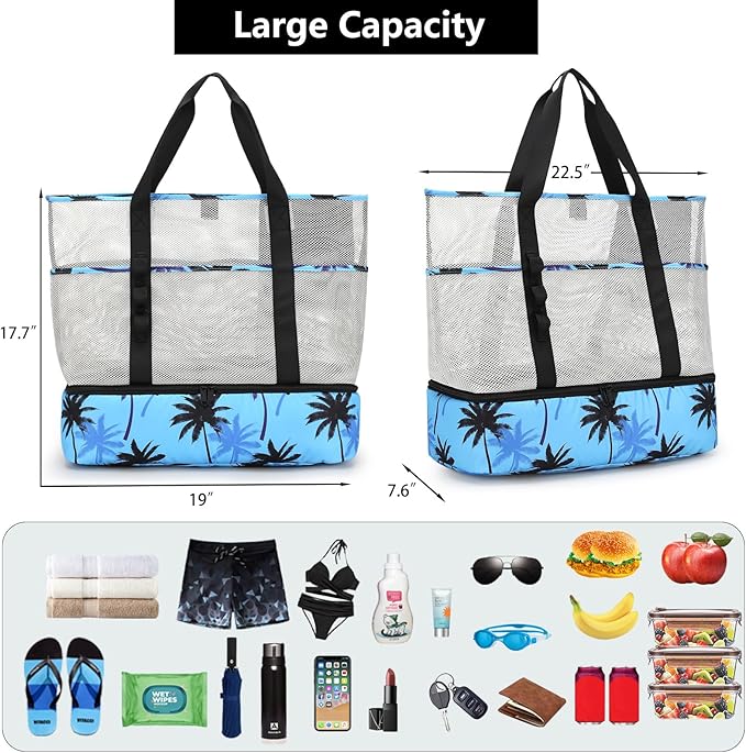 Beach Bag with Cooler,Mesh Beach Bags for Women Sandproof for Pool and Swimming Travel Daily with Durable 8 Pocket