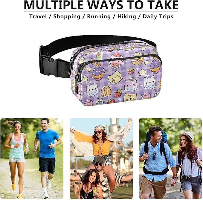 Kawaii Cat Bear Milk Cake Plaid Fanny Pack for Women Men Water Resistant Fashion Waist Packs with Adjustable Strap Belt Bag for Travel Workout Jogging Hiking 21219474