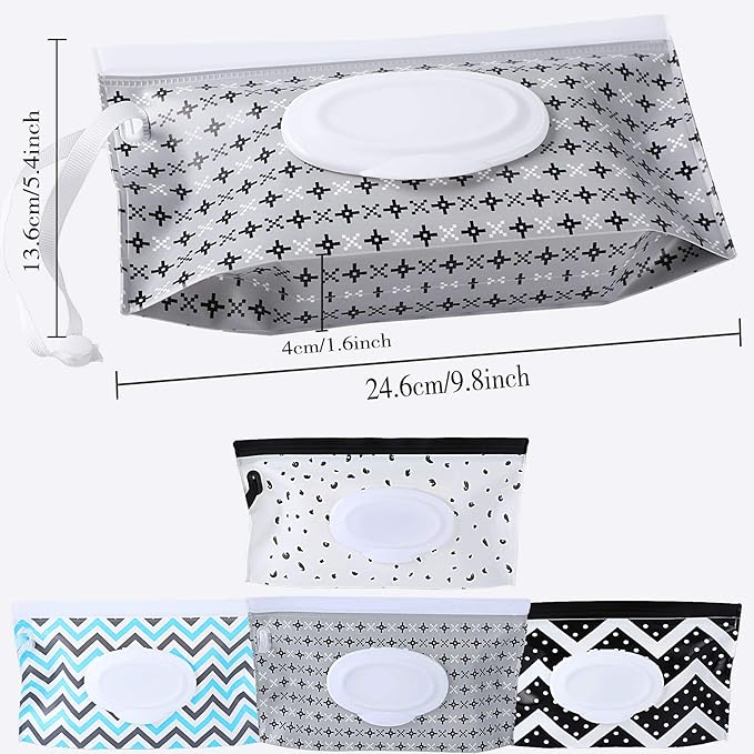 FEBSNOW 4 Pack Baby Wipe Dispenser, Portable Refillable Wipe Holder, Baby Wipes Container, Wipe Dispenser, Reusable Travel Wet Wipe Pouch (Geometric)