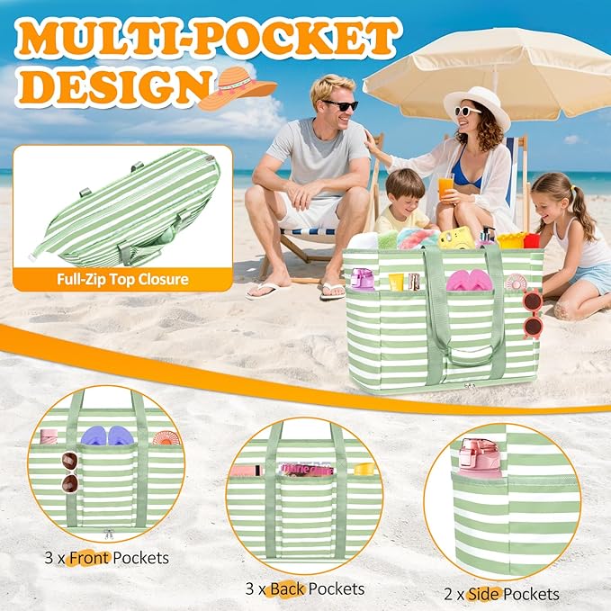 Large Beach Bag with Zipper, 12 Pockets Waterproof Sandproof Pool Bag Womens Mesh Beach Tote Bag for Travel Vacation