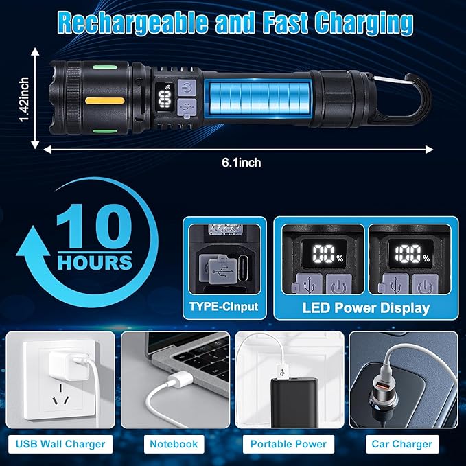 Rechargeable Led Flashlights High Lumens - 3000lm Super Bright Tactical Flashlight with Cob Sidelight and Hook, 5 Light Modes, Ipx6 Waterproof, for Camping, Repairs, and Home Emergencies