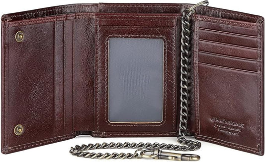 Trifold Mens Wallet with Chain, Genuine Leather Wallet RFID Blocking Anti-Theft Chain for Biker
