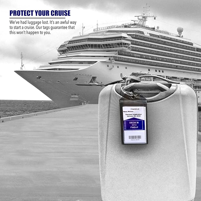 Cruise On Cruise Luggage Tag Holder [4 Pack] - Fits All Carnival & Seabourn Ships & Tags - Cruise Essentials 2026 & 2027 - Waterproof & Clear Luggage Tags