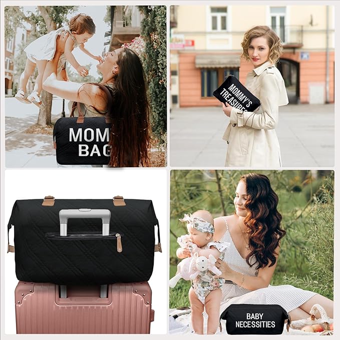 printe Mommy Diaper Bag Tote with 2 Organizers, Large Mom‘s Bag for Hospital & Travel Baby Diaper for Baby Care (Quilted Embroidery-Black)