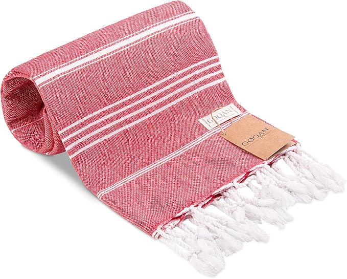 GOQAN Turkish Beach Towel Oversized 39x71 | Thin, Lightweight, 100% Cotton and Sand Free Towel is Suitable for Beach, Travel, Swim & Gift | Odor Free - Red