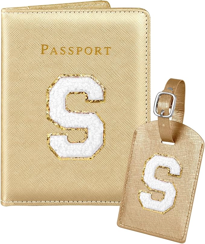 Slohif Passport Holder Initial Lugguage Tag Set Suitcase Cover Wallet Case for Travel Women - Leather Letter Passport Book Personalized Organizer Card Protector Sleeve Essentials Slim Carrier Gold S