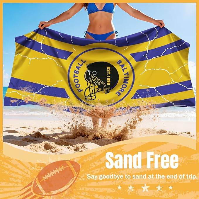 Football Fan Thin Lightweight Microfiber Beach Towel Themed Large Compact Oversized Towels Men Women Ravens Team Boyfriend Friend Birthday Valentines Anniversary Custom Weird White Elephant Gift