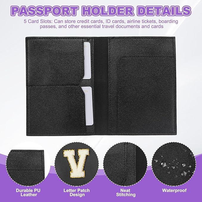 PATIKIL Passport Holder for Travel, Initial Passport Cover and Luggage Tag Set with Alphabet Chenille Letter Patch Travel Wallet Bag Suitcase Identifier for Women Family Travel Black V