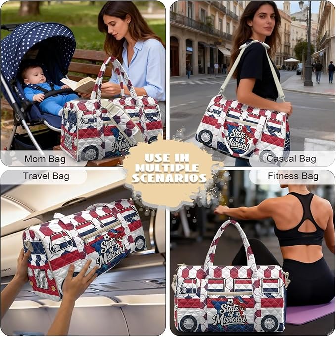 COEQINE Large Quilted Duffle Bag for Travel Men Quilted Tote Bag Large Car Overnight Luggage Bag with Trolley Sleeve,Missouri Van