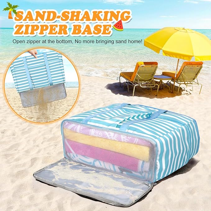 Large Beach Bag with Zipper, 12 Pockets Waterproof Sandproof Pool Bag Womens Mesh Beach Tote Bag for Travel Vacation