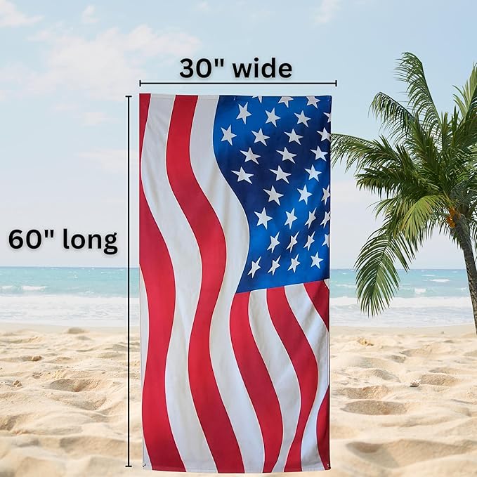 Waving USA Flag Beach Towel 30”x60” – 100% Cotton Velour, Highly Absorbent, Fast Drying, Easy Pack for Spring Break, Vacation, Beach, Pool, Sunbathing – Lightweight, Compact for Travel - Novelty Gift