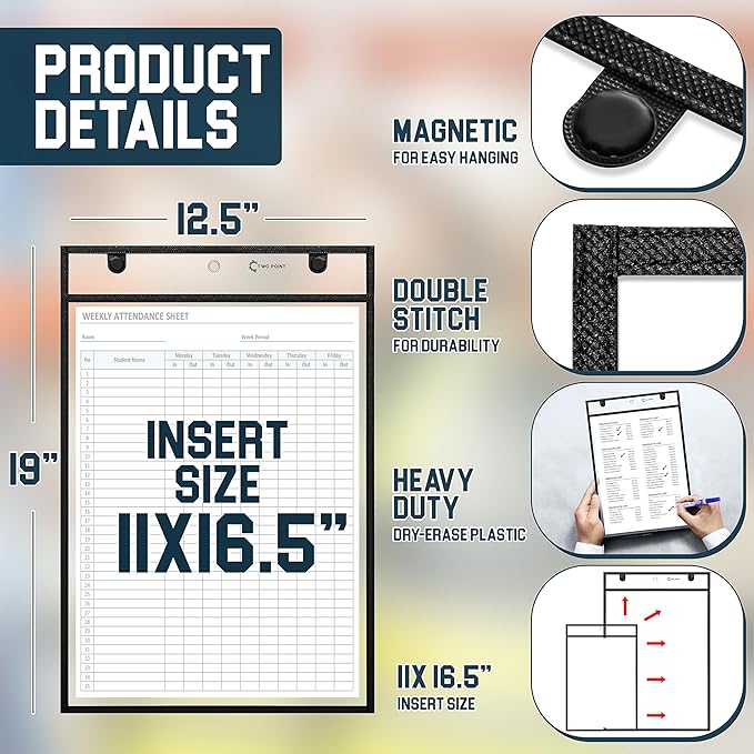 Huge Magnetic Dry Erase Pockets by Two Point (6-Pack) - Portrait - Fits 11 x 16.5 inch Pages, Black Dry Erase Sleeves, Job Shop Ticket Holders, Clear Paper Sleeves Protector, Magnetic Folder Pouch