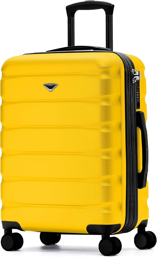 Flight Knight 24x16x10 Expandable Carry On Suitcase Hardside TSA Lock USB C Lightweight Luggage Silent Double Spinner Wheels Maximum Overhead Carry-On Bag For Virgin South West Approved Yellow