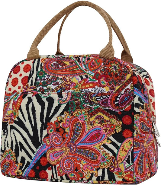 EurCross Aesthetic Lunch Box Bag for Women Daily Use,Boho Stylish Elegant Canvas Insulated Adult Lunch Bento Box Tote Bag