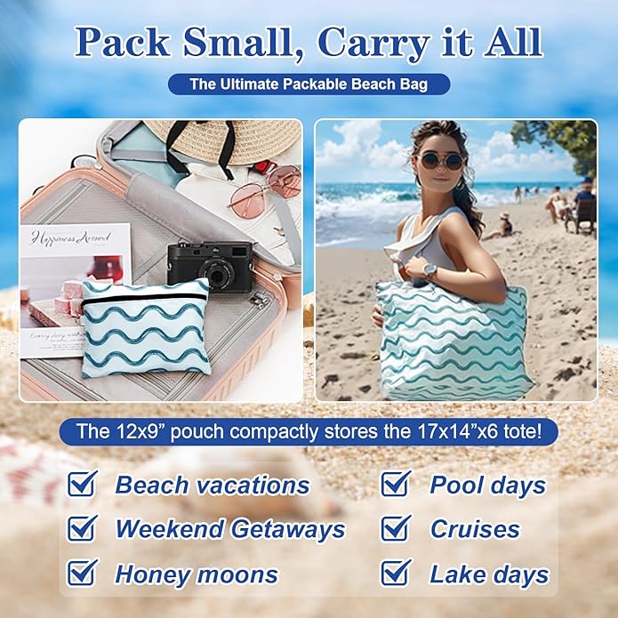 Beach Bag Packable Travel Beach Bag Tote for Pool Lake Cruise Essentials for Women, Foldable Travel Bag for Women