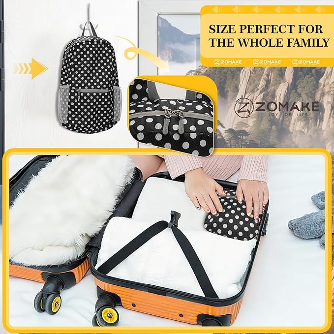 ZOMAKE Ultra Lightweight Hiking Backpack 20L, Packable Small Backpacks Water Resistant Daypack for Women Men(Black，White polka dots)