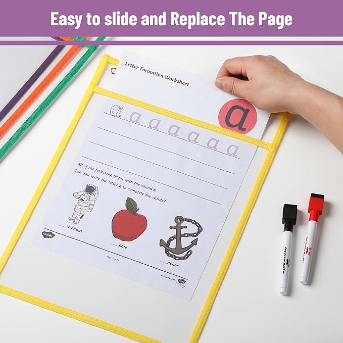 Mr. Pen Dry Erase Pocket Sleeves, 12 pcs, Plastic, 10 x 14 inches, Assorted Colors, Reusable, Wipe-Off, Perfect for Classrooms, Offices, Home Learning