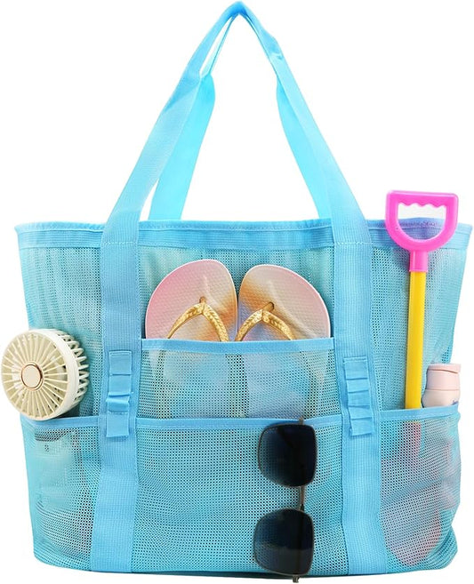 Large Mesh Beach Tote Bag, 9-Pocket Foldable Summer Vacation Beach Bag for Travel, Pool, Gym, Cruise