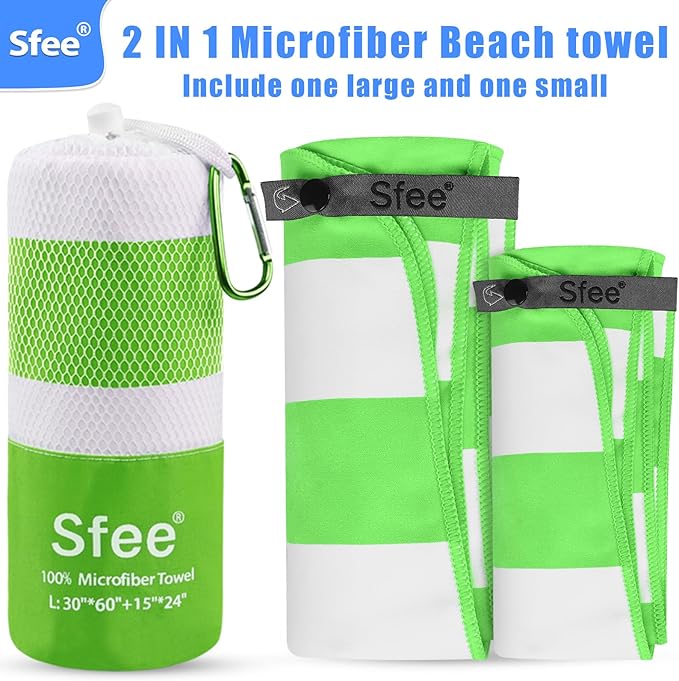 Sfee 2 in 1 Microfiber Beach Towel, Quick Dry Towel Camping Towel Travel Towel Super Absorbent Compact Lightweight Sports Gym Towels Set for Beach, Gym, Hiking, Pool, Backpacking, Bath, Yoga