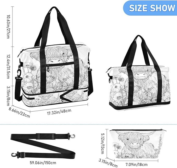 Travel Duffel Bags for Women Floral Highland Cow Line Art Print Sports Duffel Bags Gym Bags with Shoes Compartment Tote Bag Weekender Bag for Travelling