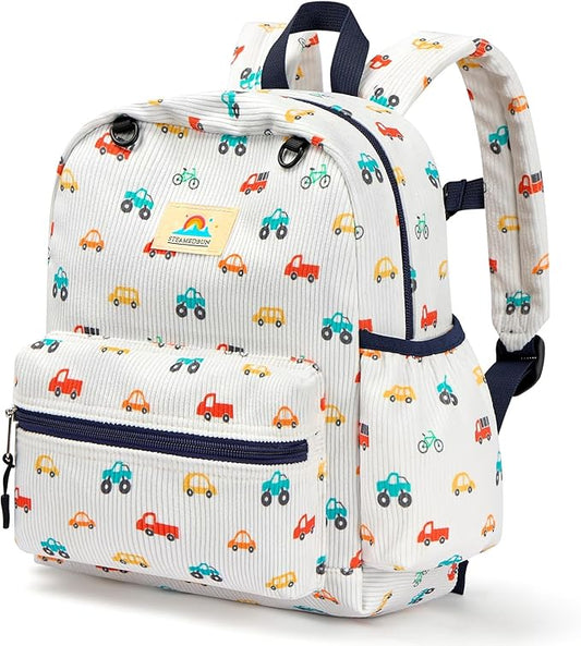 STEAMEDBUN Corduroy Toddler Backpack for Boys 2-4: Kids backpack for Boys Girls - 12 inch Preschool Kindergarten Backpacks - Car