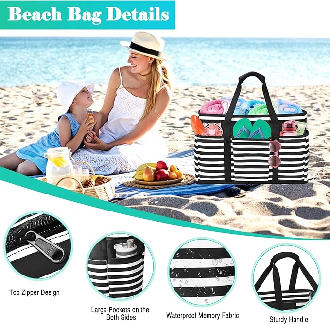 Large Beach Bag with Zipper, 12 Pockets Waterproof Sandproof Pool Bag Womens Mesh Beach Tote Bag for Travel Vacation
