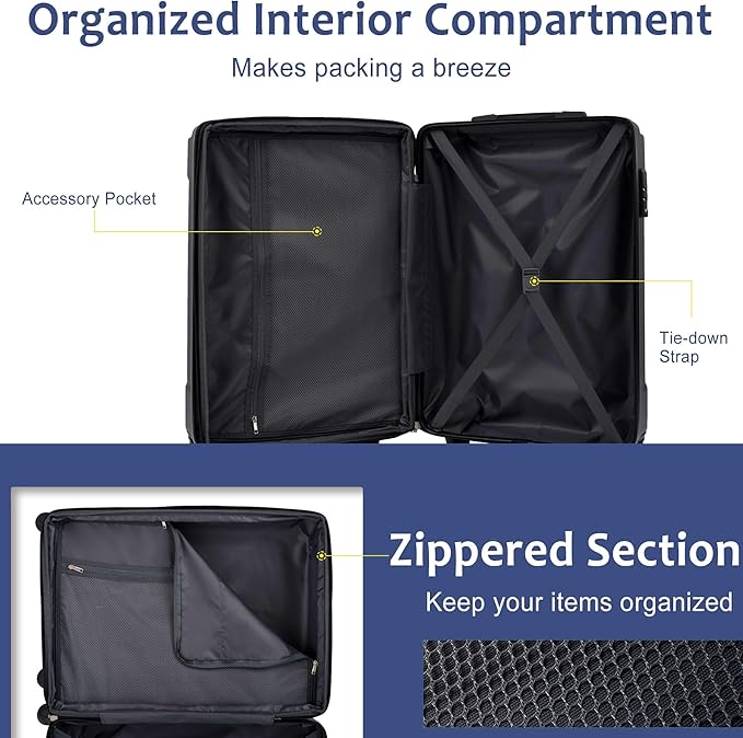 24 Inch Hardshell Luggage Lightweight Checked Luggage, Blue Hardside ABS Suitcases with Double Wheels and TSA Lock, Medium Expandable 24-inch Carry on Luggages for Travel, Men, Women