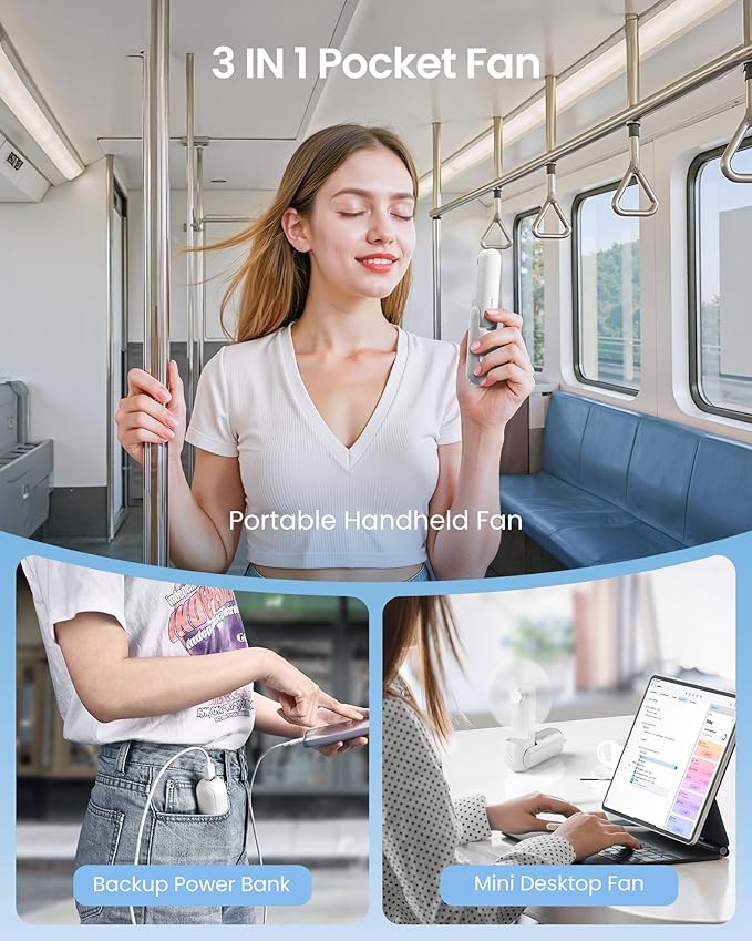 GAIATOP Portable Handheld Fan, 3 IN 1 Mini Foldable Travel Fans [17H Max Cooling Time] with Power Bank, Pocket Design USB Rechargeable for Travel Concert Lash Makeup, Summer Gifts for Women Girl White