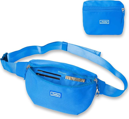 The Foldie Foldable Crossbody Bags for Women & Men - Anti-Theft RFID-Safe Fanny Pack with Smart Lockable Zippers and Cut-Resistant Strap - Lightweight Waist Pack for Travel & Everyday Use - Azure