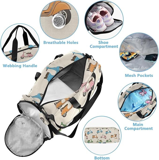 VIGTRO Colorful Scooters Beige Pattern Kids Overnight Travel Duffel Bag Sport Gym Bag for Boys Girls with Shoe Compartment, Carry On Weekender Luggage Bag for Dance Swim Yoga