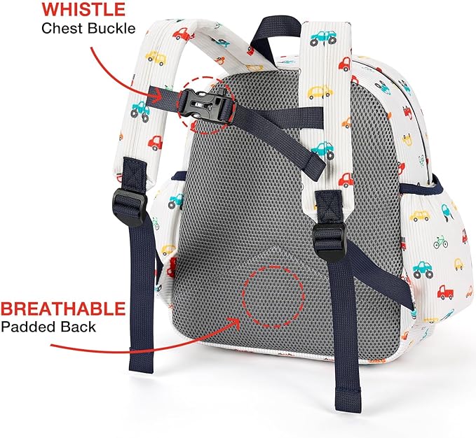 STEAMEDBUN Corduroy Toddler Backpack for Boys 2-4: Kids backpack for Boys Girls - 12 inch Preschool Kindergarten Backpacks - Car