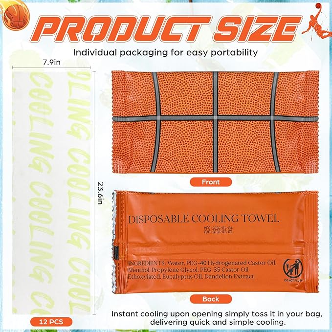 Frienda 12 Count Disposable Cooling Towel, 23.6''x 7.9'' Large Cooling Body Wipes, Baseball Basketball Softball Soccer Ice Towel for Hot Weather, Individually Wrapped for Sport Player (Basketball)