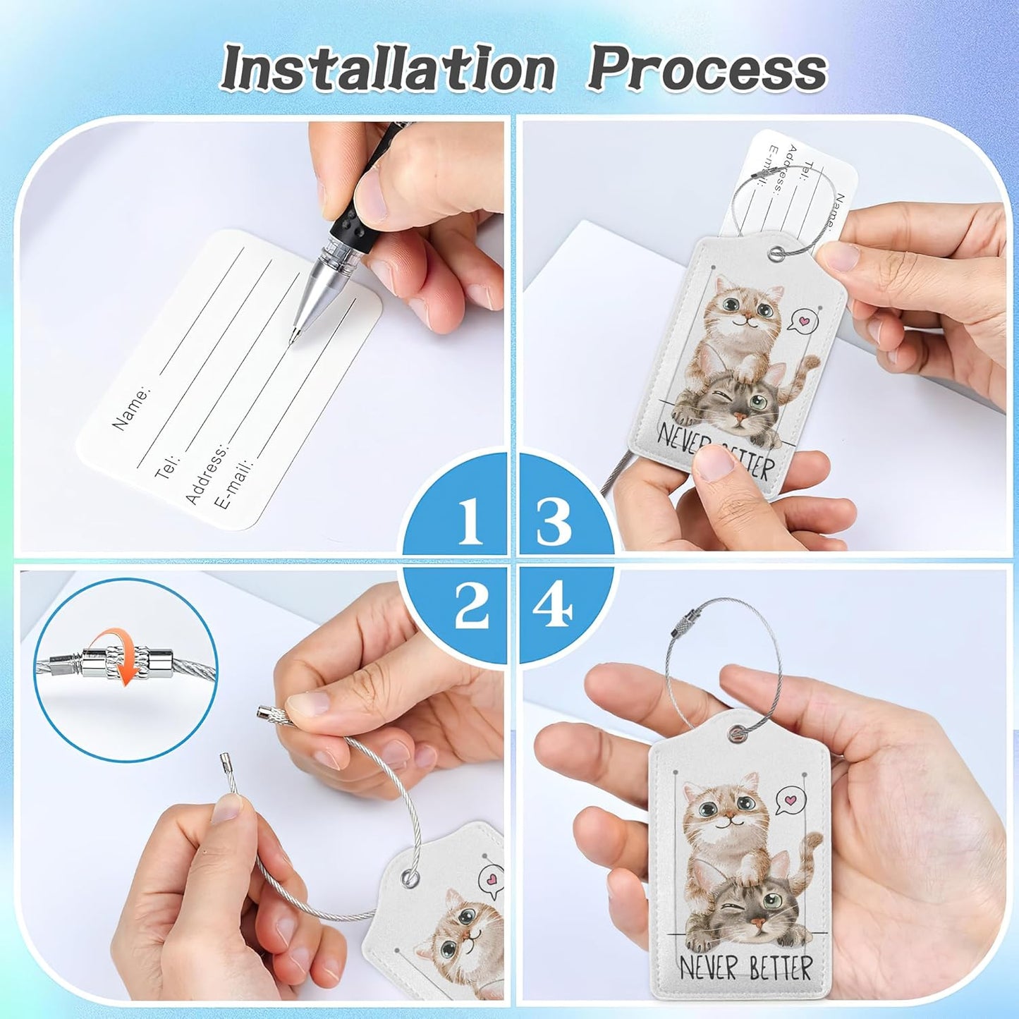 3 Pack Luggage Tag for Suitcase,Cute Funny Cat Leather Luggage Tags with Privacy Cover Name ID Label Identifiers Travel Bag Tags for Women Men Boys Girls