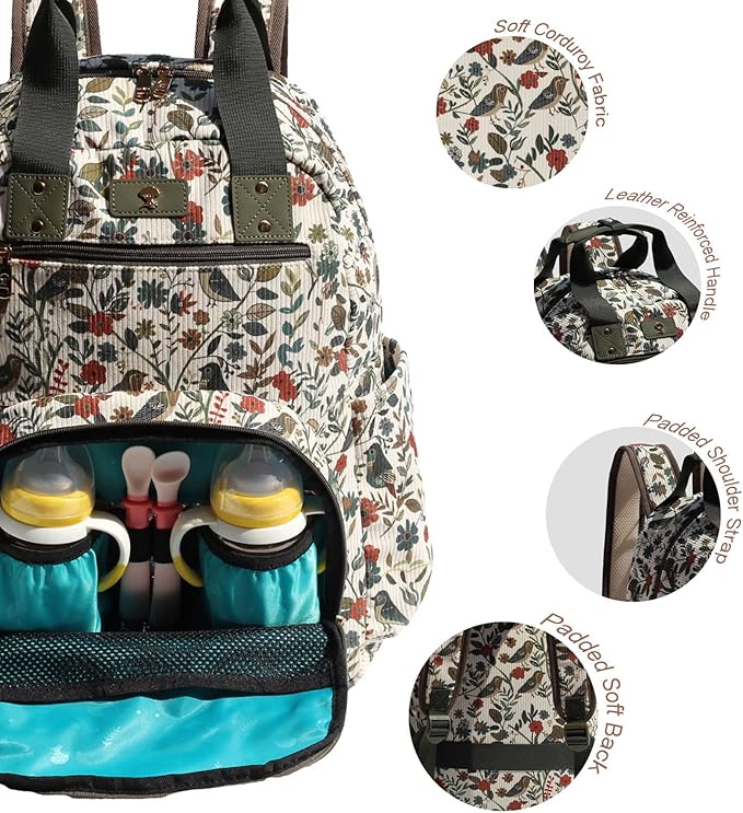 Diaper Bag Backpack, Large Capacity Multifunction Baby Essentials Fashion Travel Pack Linen Canvas office Laptop Bag (Corduroy Leaf Bird)