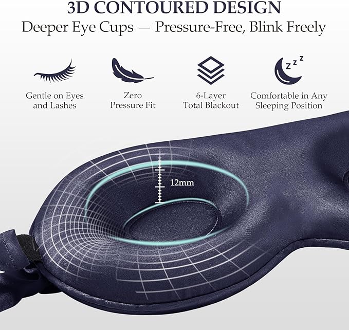 100% Mulberry Silk Sleep Mask for Unisex, 22 Momme 3D Silk Contoured Eye Mask, Breathable Light Blocking Blindfold with Adjustable Strap, Blackout Eye Cover for Travel, Blue