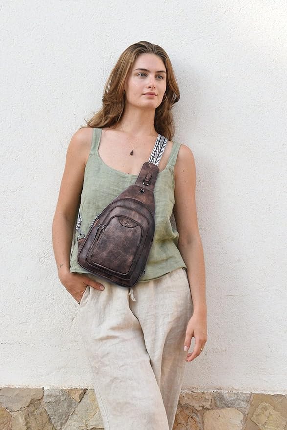 10L Crossbody Sling Bag for Women Men Anti Theft Cross Body Fanny Pack Belt Bag Purse Gifts for Women Faux Leather, Coffee