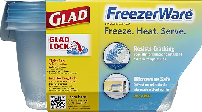 Glad GladWare FreezerWare Food Storage Containers with Lids, Large Rectangle No BPA Plastic for Freezing Soups Meals and Batch Cooking, Crack Resistant, Microwave Dishwasher Safe, 64 Oz, 2 Ct - 6 Pk