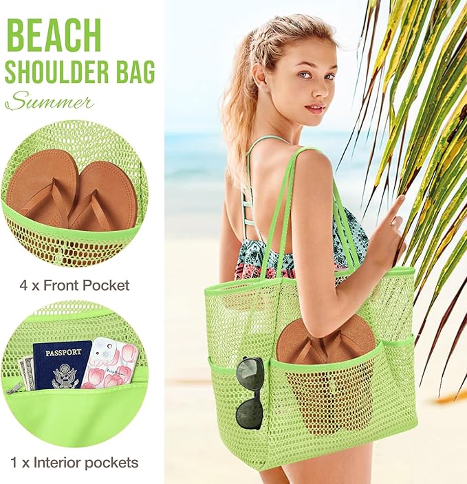 KPX Beach Bag with Mini Pocket, Beach Tote Bags for Women Large Foldable Mesh Swimming Pool Travel Bags - Sandproof
