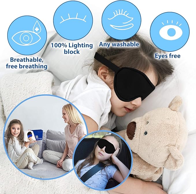 3D Sleep Mask for Kids, Light Block Sleeping Blindfold Memory Foam Contoured Eye Mask for Sleep, Adjustable Strap Eye Cover and Travel Sleep Mask for Boys Girls, Black