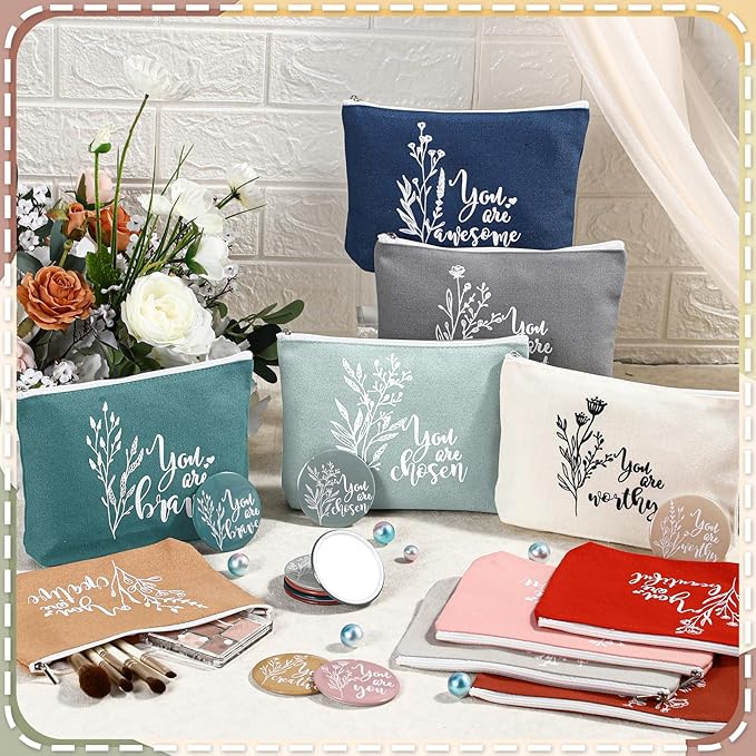 20 Pcs Employee Appreciation Gifts For Women Inspirational Canvas Makeup Bags Portable Compact Mirror Bulk Cosmetic Bags Thank You Gifts for Social Worker Coworkers (Botanical,Vintage)