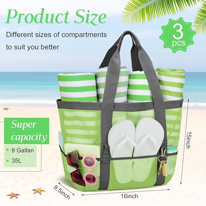 Hillban Large Beach Mesh Bags Bulk for Women Beach Tote Bag with 8 Pocket Zipper Waterproof Sandproof for Pool Cruise Ship