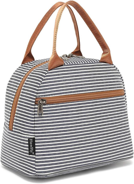 FlowFly Insulated Lunch Cooler Bag - Tote Bag Organizer for Women/Men, White&Black Stripe
