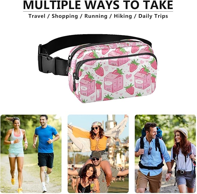 Kawaii Pink Strawberry Milk Fanny Pack for Women Men Water Resistant Fashion Waist Packs with Adjustable Strap Belt Bag for Travel Workout Jogging Hiking 21219122