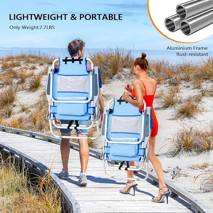 VINGLI Backpack Beach Chair 2 Pack, with 5-Position, Cup Holders, Cooler Bag, Towel Bar, Lightweight Folding Beach Camping Chairs for Adults(Blue-13)