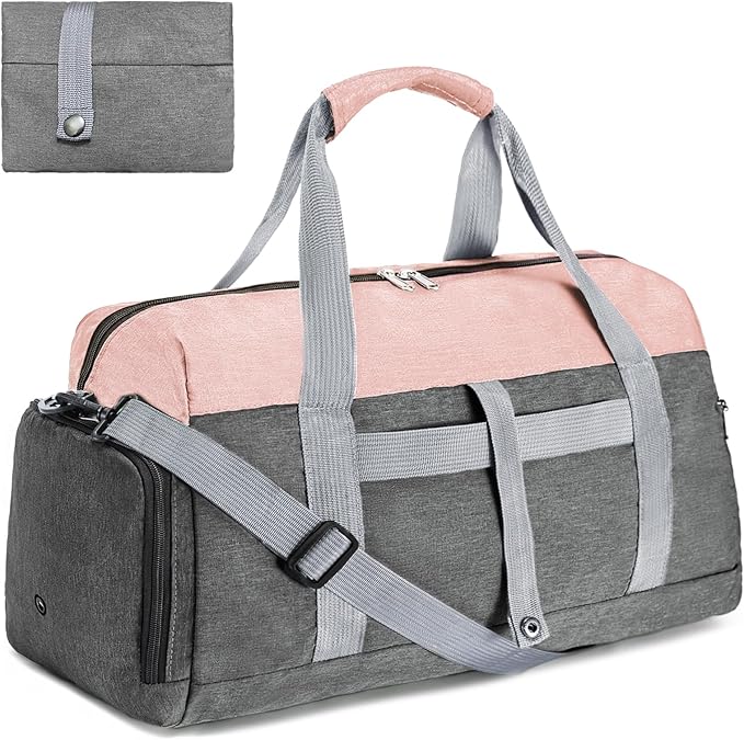 Gym Bags for Women Men with Wet & Shoe Compartment, 40L Foldable Travel Duffle Bag, Lightweight Weekender Overnight Duffel Bag for Traveling Sports Gym(Pink)
