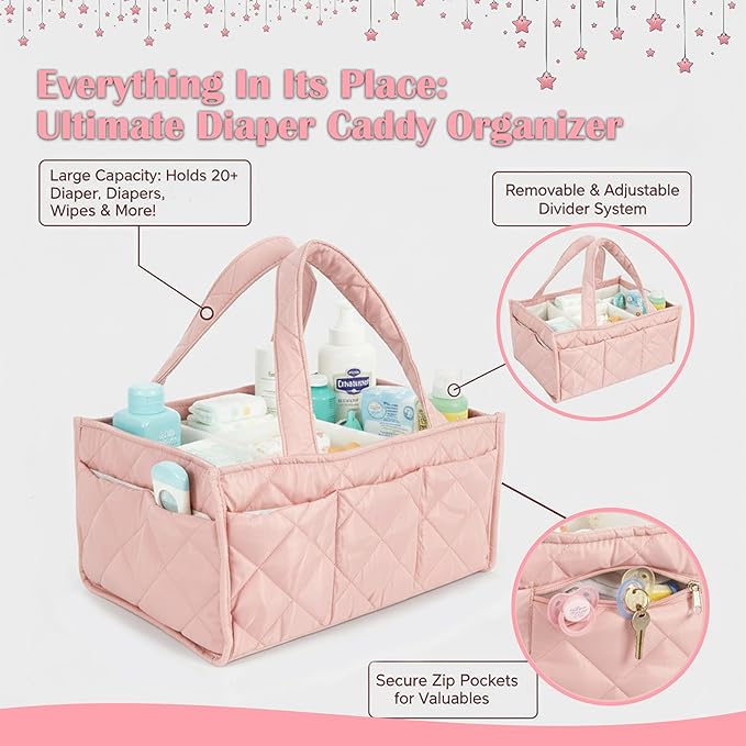 Baby Diaper Caddy Organizer, Nursery Storage Basket for Newborn Essentials, Travel Baby Basket for Diapers Baby Wipes, Organizer Tote Bag Storage Bin, Baby Shower Gifts (Pink)
