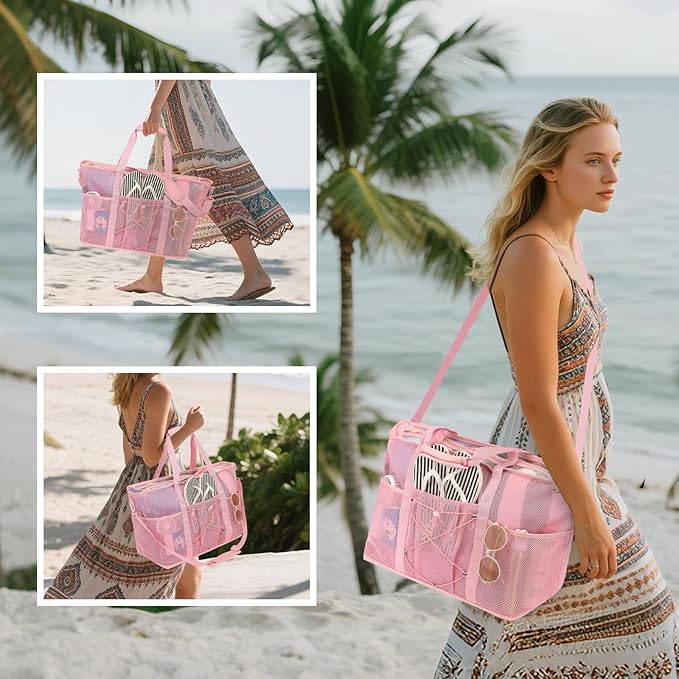 Mesh Beach Bag, Foldable Extra Large Beach Bags with Zipper Pool Bag with Portable Phone Pouch for Vacation Pool