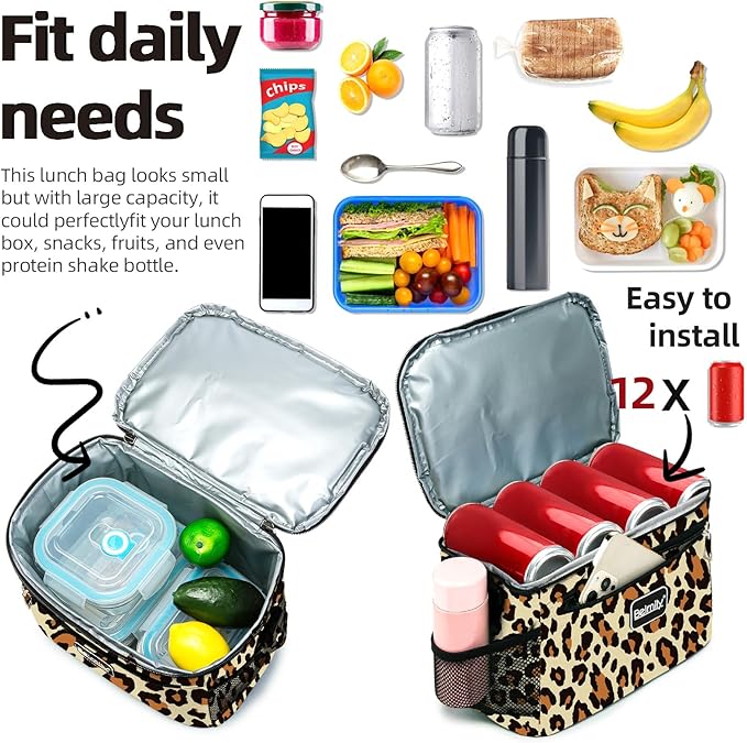 BEIMILY Lunch Box for Men/Women, Small Insulated Lunch Bag, Leak-Proof Soft Cooler Tote Bag, Reusable LunchBox for Work, Travel,Picnic with Adjustable Shoulder Strap for Adults(Leopard print)