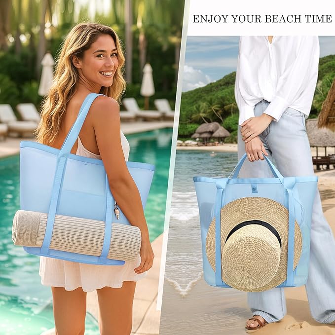 Mesh Beach Bag for Women with Towel Straps, Large Rinse-Through Beach Tote for Pool, Cruise & Vacation Essentials(Blue)